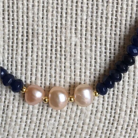 Beaded Blue Sapphire & Pink South Sea Pearl Necklace YGP 14-15g 70-75 Ctw - Picture 3 of 10